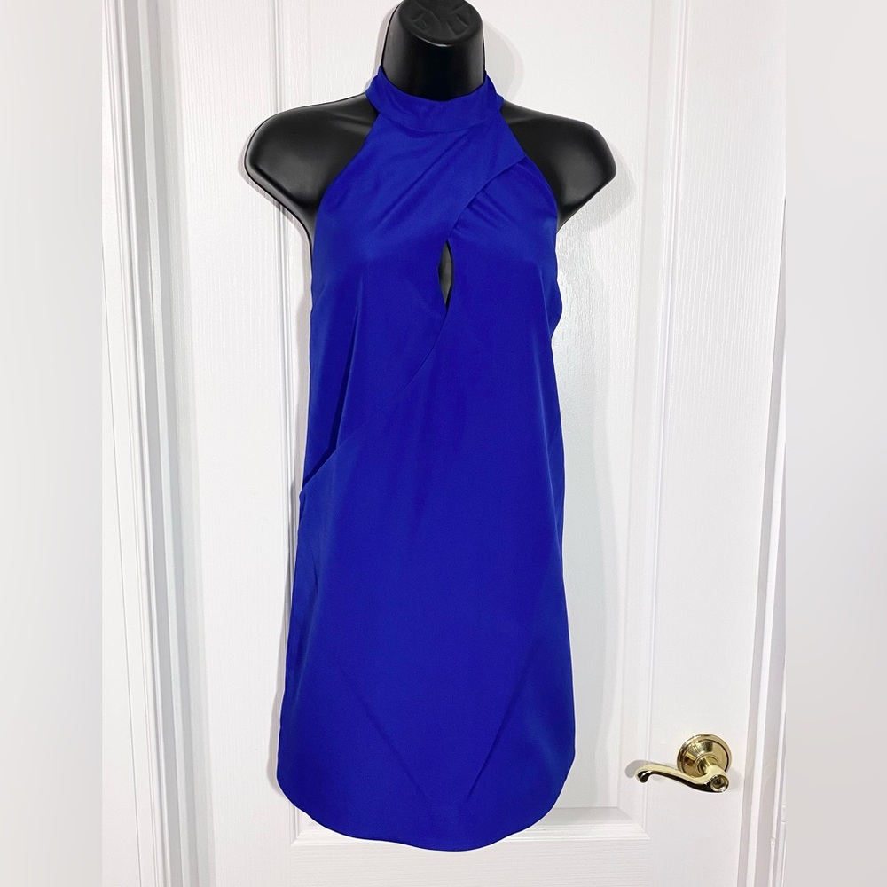 KEEPSAKE the Label Criss Cross Wrap Style Front Keyhole Halter Mini Dress Blue S